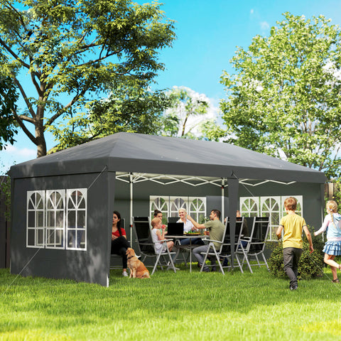 Tenda Dobrável 585x295x270 cm com 4 Paredes Laterais Amovíveis Tenda de Jardim com 4 Janelas e Bolsa de Transporte para Pátio Exterior Cinzento