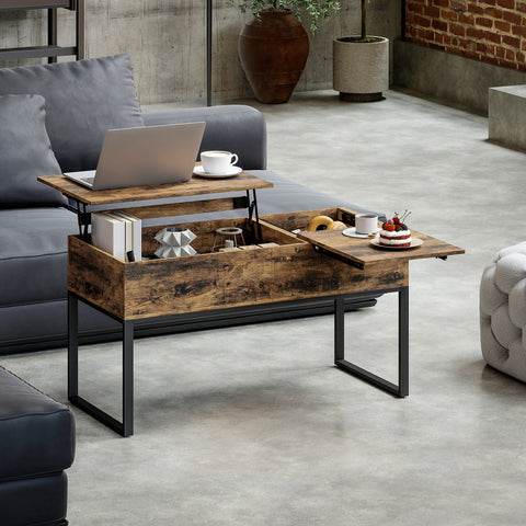 Mesa de Centro Elevatória Mesa de Café com Bancada Deslizante Fecho Suave e Espaço Oculto de Arrumação 100x45x67 cm Castanho Rústico