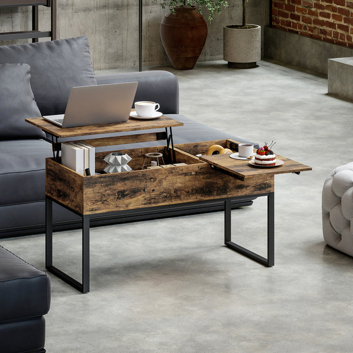 Mesa de Centro Elevatória Mesa de Café com Bancada Deslizante Fecho Suave e Espaço Oculto de Arrumação 100x45x67 cm Castanho Rústico