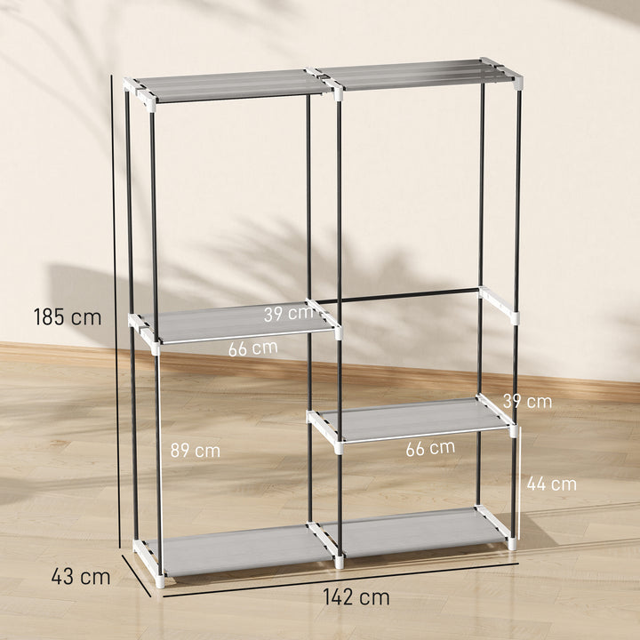 Armário de Roupa Aberto 142x43x185 cm Armário para Roupas com 4 Prateleiras de Tecido 3 Barras para Pendurar e Estrutura de Metal para Quarto Sala Closet Cinzento