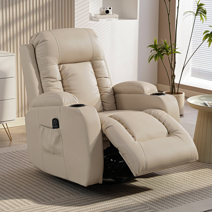 Poltrona de Massagem Reclinável até 145° Poltrona Relax com 8 Pontos de Massagem por Vibração Função de Aquecimento Giratória e Controlo Remoto 82x99x103 cm Creme