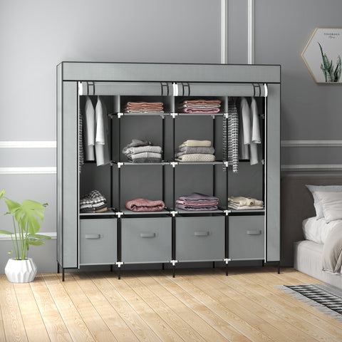 Roupeiro de Tecido para Dormitório Roupeiro Portátil com 10 Compartimentos 2 trilhos Suspensos e 4 Gavetas de Tecido 166x42,5x169,5 cm Cinza Escuro