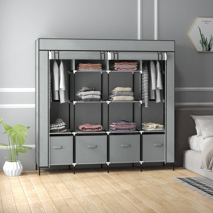 Roupeiro de Tecido para Dormitório Roupeiro Portátil com 10 Compartimentos 2 trilhos Suspensos e 4 Gavetas de Tecido 166x42,5x169,5 cm Cinza Escuro
