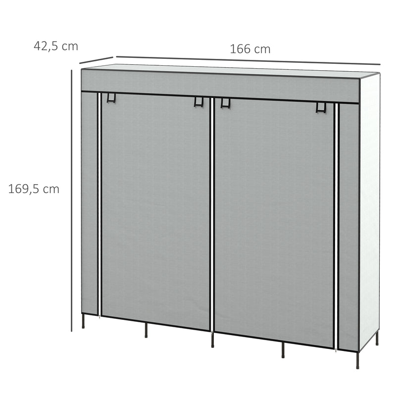 Roupeiro de Tecido para Dormitório Roupeiro Portátil com 10 Compartimentos 2 trilhos Suspensos e 4 Gavetas de Tecido 166x42,5x169,5 cm Cinza Escuro