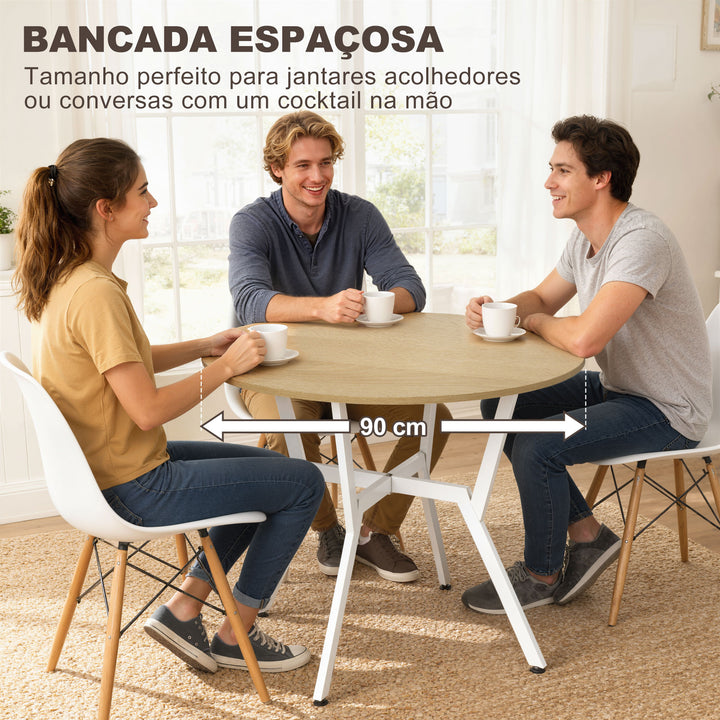 Mesa de Refeição Redonda Mesa de Jantar Estilo Industrial com Bancada de Madeira e Estrutura de Aço para Sala de Jantar Carga 60kg Ø90x76 cm Madeira e Branco