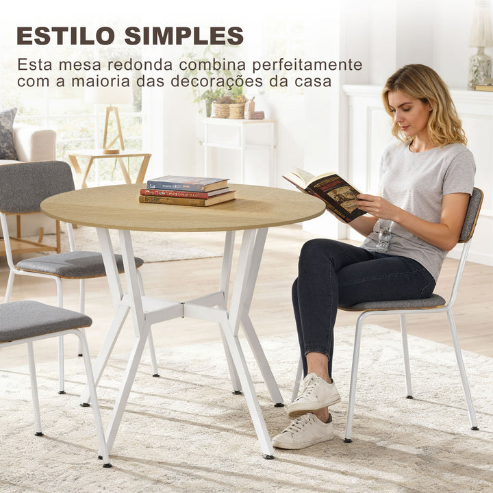 Mesa de Refeição Redonda Mesa de Jantar Estilo Industrial com Bancada de Madeira e Estrutura de Aço para Sala de Jantar Carga 60kg Ø90x76 cm Madeira e Branco