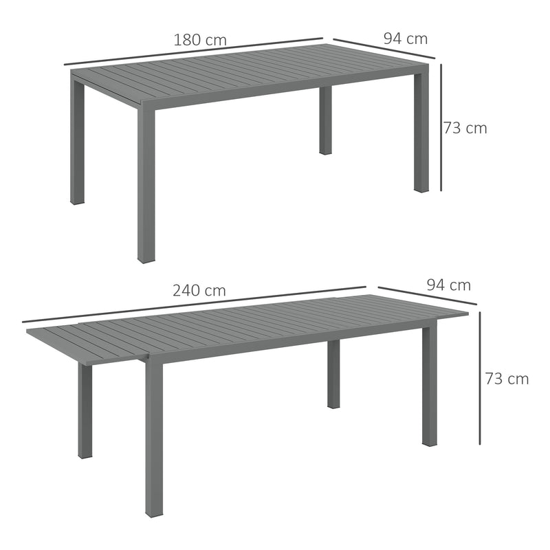 Mesa de Jardim Extensível Mesa de Jantar Exterior Mesa de Terraço Retangular para 6-8 Pessoas com Estrutura de Alumínio Capacidade 50 kg para Varanda 180/240x94x73 cm Cinza Escuro