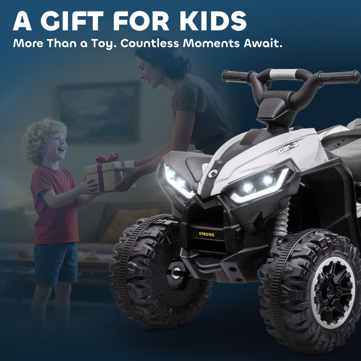Quadriciclo Elétrico para Crianças de 3-5 Anos Veículo Eléctrico a Bateria 12V com 2 Motores Farol Música Velocidade Ajustável Avançar e Retroceder 83x53x55,5cm Branco