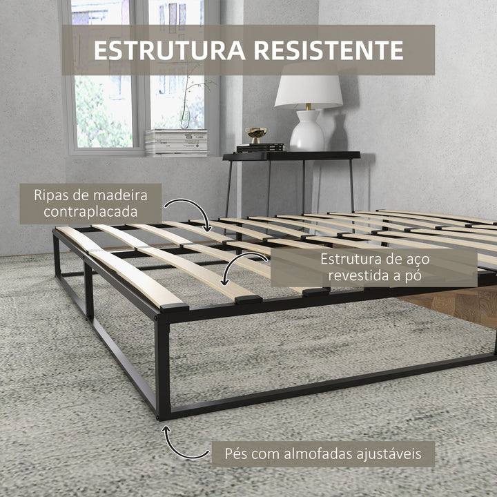 Estrutura de Cama de Aço Altura 25 cm Estrado de Cama para Colchão 180x200 cm com Ripas de Madeira para 1-2 Pessoas Estilo Moderno Preto