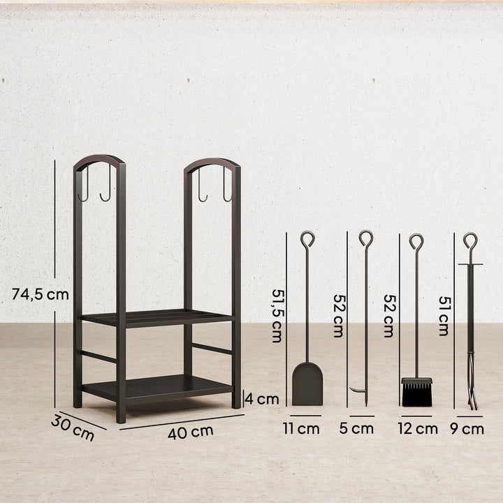 Suporte para Lenha de 2 Níveis Porta Lenha Exterior e Interior Metálico com 4 Ferramentas para Lareira Carga Máx. 100kg 40x30x74,5cm Preto