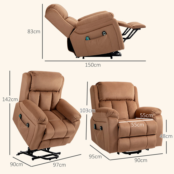 Poltrona Relax Levanta Pessoas Elétrica Poltrona Elevatória com 8 Pontos de Massagem Poltrona Reclinável com Função de Aquecimento Controlo Remoto e Bolso Lateral Marrom