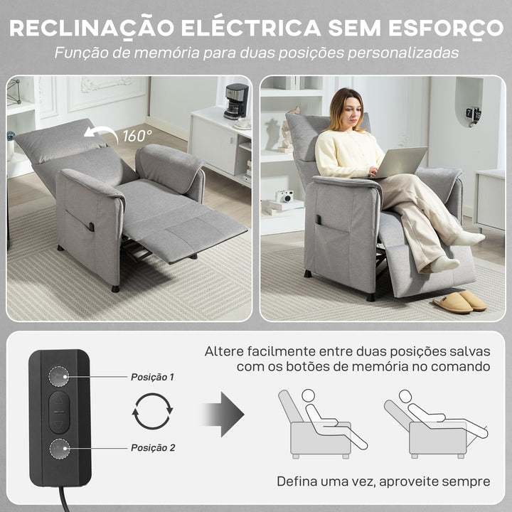 Poltrona Relax Reclinável Elétrica Poltrona Reclinável Silenciosa com Função Memória Apoio para Pés Controlo Remoto e Bolsos Laterais para Dormitório Sala de Estar 80x83x104 cm Cinzento
