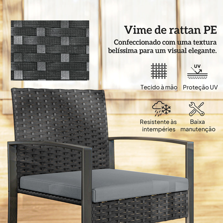 Conjunto de Móveis de Exterior de 3 Peças Conjunto de Jardim em Vime PE com Cadeiras Mesa de Vidro Temperado e Almofadas Móveis para Balcão Cinza Claro