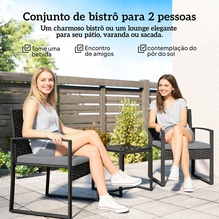 Conjunto de Móveis de Exterior de 3 Peças Conjunto de Jardim em Vime PE com Cadeiras Mesa de Vidro Temperado e Almofadas Móveis para Balcão Cinza Claro