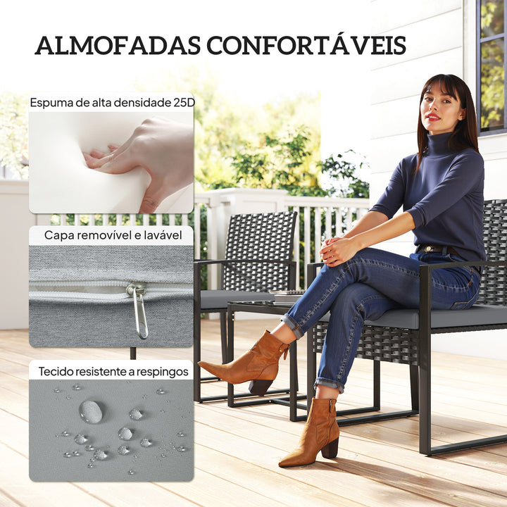 Conjunto de Móveis de Exterior de 3 Peças Conjunto de Jardim em Vime PE com Cadeiras Mesa de Vidro Temperado e Almofadas Móveis para Balcão Cinza Claro