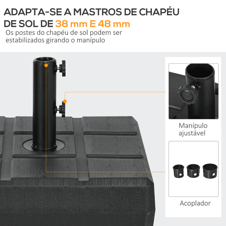 Base de Chapéu de Sol Retangular Suporte para Chapéu de Sol Preenchível com Água 30 kg e Areia 40 kg para Poste de Chapéu de Sol de Ø32/38/48 mm para Terraço Pátio Jardim 49x49x36,5 cm Preto