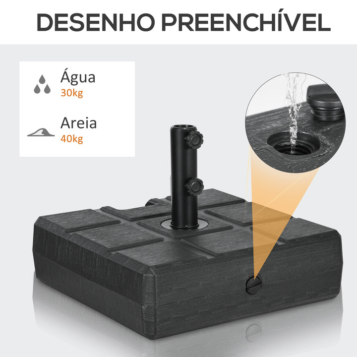 Base de Chapéu de Sol Retangular Suporte para Chapéu de Sol Preenchível com Água 30 kg e Areia 40 kg para Poste de Chapéu de Sol de Ø32/38/48 mm para Terraço Pátio Jardim 49x49x36,5 cm Preto