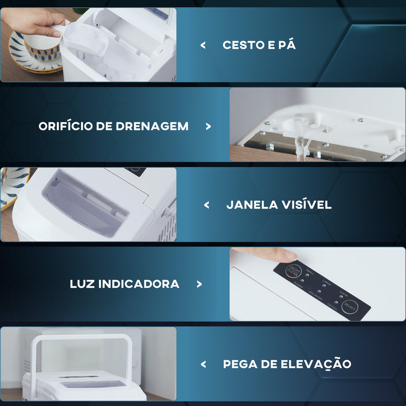 Máquina de Gelo 12 kg/24h Máquina de Fazer Gelo 9 Cubos de Gelo em 6-12 Minutos 2 Tamanhos Função de Auto-Limpeza Máquina de Gelo para Casa com Alça Pá e Cesta Branco