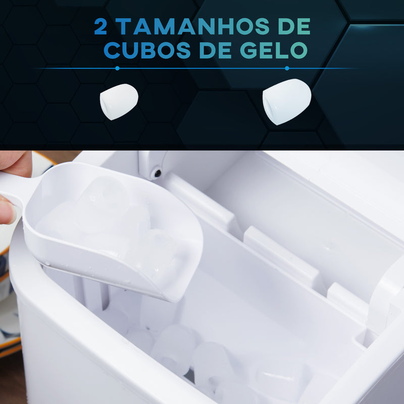 Máquina de Gelo 12 kg/24h Máquina de Fazer Gelo 9 Cubos de Gelo em 6-12 Minutos 2 Tamanhos Função de Auto-Limpeza Máquina de Gelo para Casa com Alça Pá e Cesta Branco