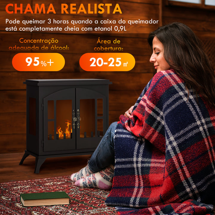 Lareira de Bioetanol Lareira de Bioetanol de Pé com Depósito de 0,9L Apagador de Chamas de Aço Inoxidável Tempo de Combustão 3H para Interiores 20-25 m² 55x31x55 cm Preto