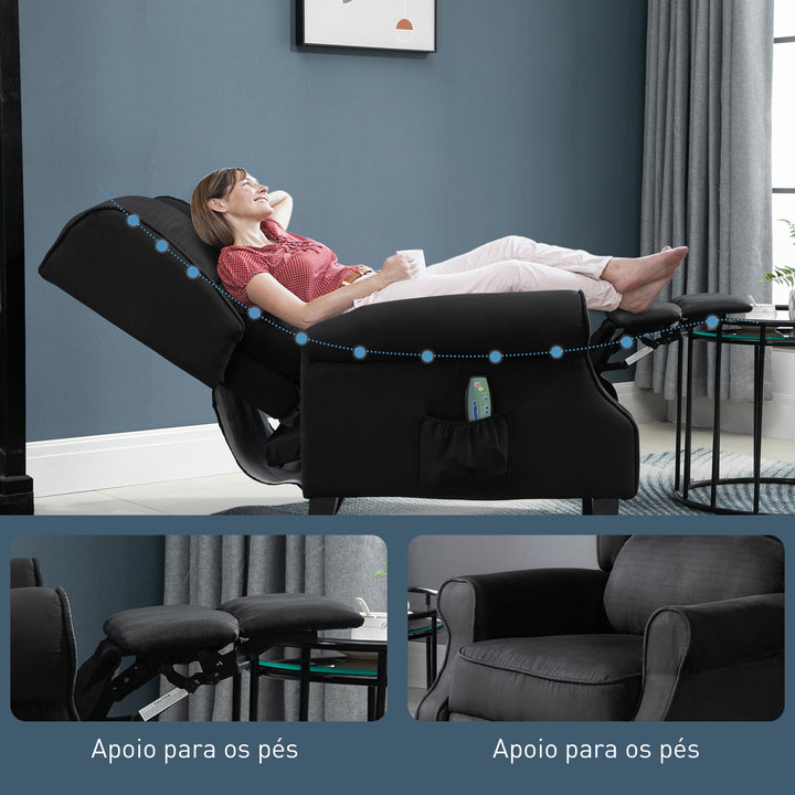 Poltrona de Massagem Poltrona Relax Reclinável com Controlo Remoto 2 Áreas de Massagem Bolso Lateral 78x83x101 cm Preto