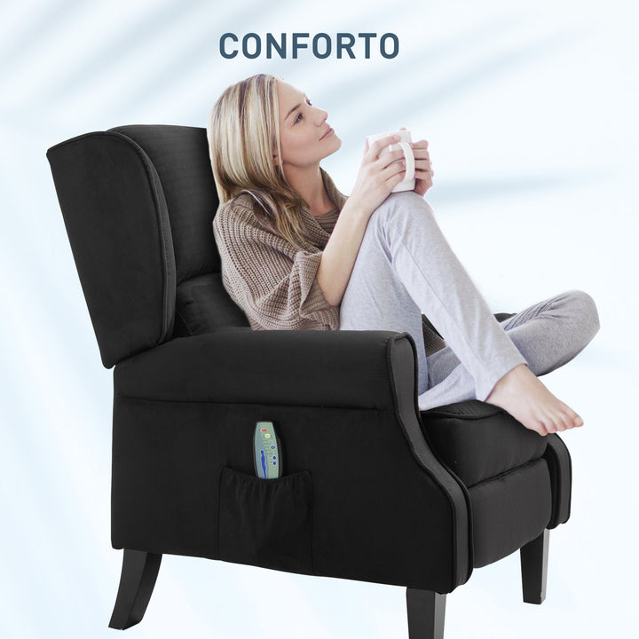 Poltrona de Massagem Poltrona Relax Reclinável com Controlo Remoto 2 Áreas de Massagem Bolso Lateral 78x83x101 cm Preto