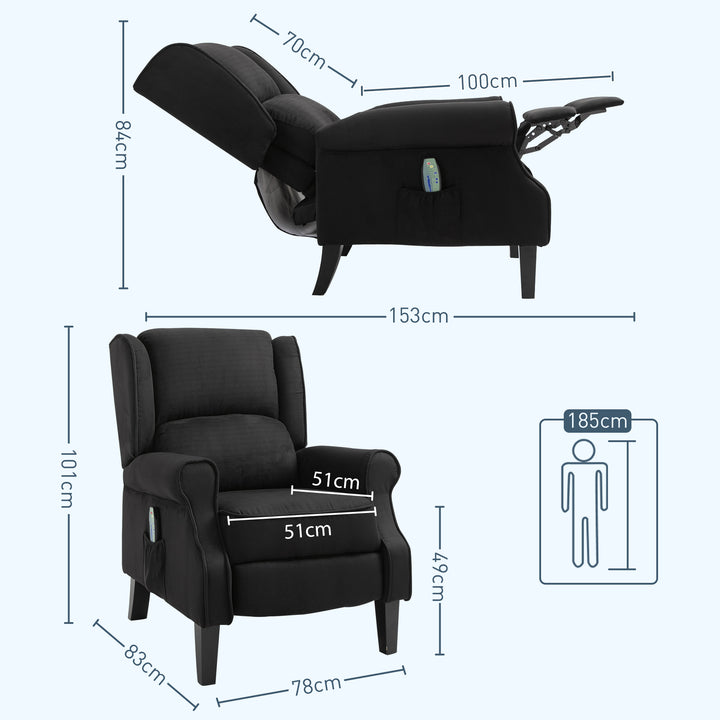 Poltrona de Massagem Poltrona Relax Reclinável com Controlo Remoto 2 Áreas de Massagem Bolso Lateral 78x83x101 cm Preto