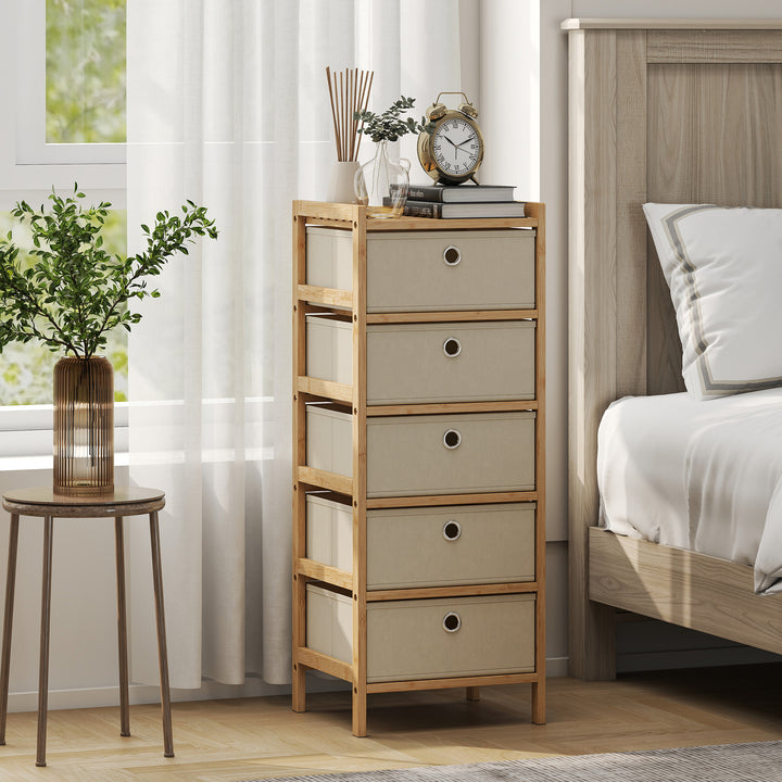 Cómoda com 5 Gavetas em Tecido, Estrutura de Bambu, Ideal para Espaços Pequenos, Sala, Escritório ou Closet, Creme e Madeira