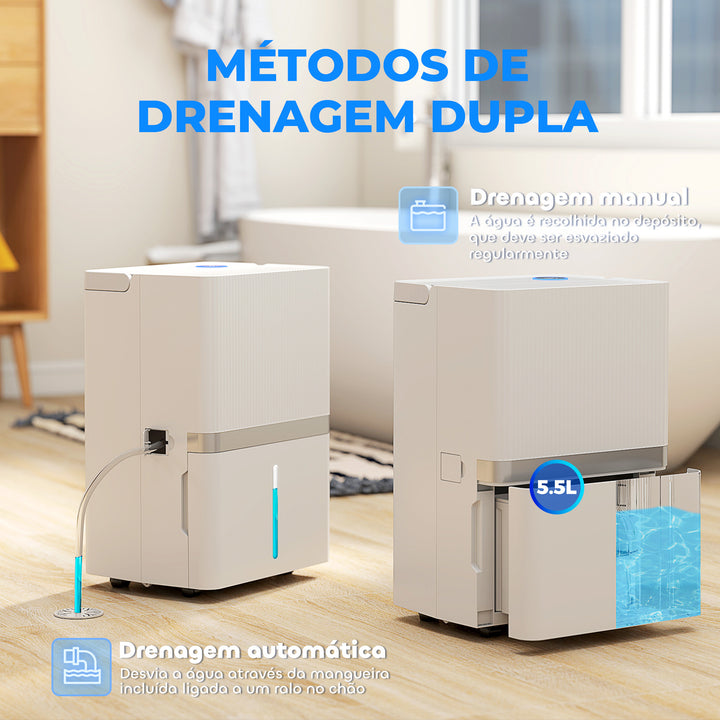 Desumidificador 35L/Dia para Áreas de 40-90 m² Indicador de Humidade Depósito de 5,5 Litros Drenagem Contínua Temporizador 24h Ecrã LED Secagem de Roupa 35,5x27,5x52,2 cm Branco