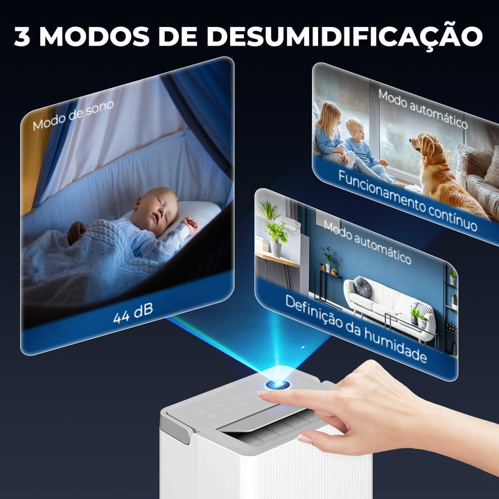 Desumidificador 35L/Dia para Áreas de 40-90 m² Indicador de Humidade Depósito de 5,5 Litros Drenagem Contínua Temporizador 24h Ecrã LED Secagem de Roupa 35,5x27,5x52,2 cm Branco