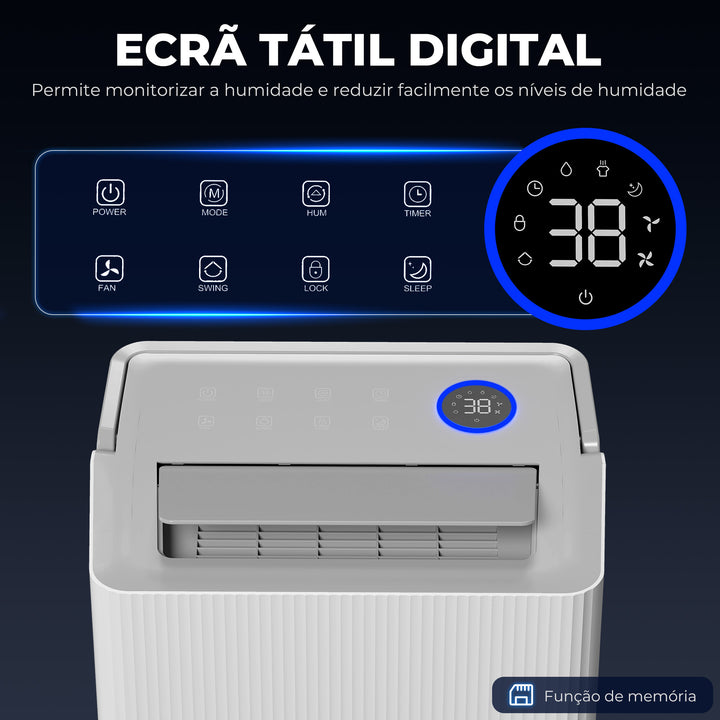 Desumidificador 35L/Dia para Áreas de 40-90 m² Indicador de Humidade Depósito de 5,5 Litros Drenagem Contínua Temporizador 24h Ecrã LED Secagem de Roupa 35,5x27,5x52,2 cm Branco