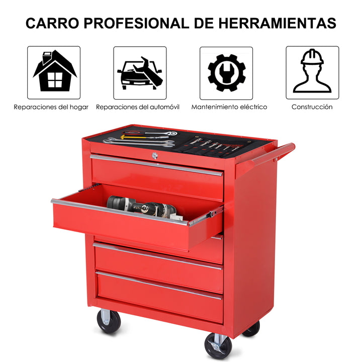 Carrinho de ferramentas com rodas 5 gavetas em chapa de aço 69x33x77.2cm