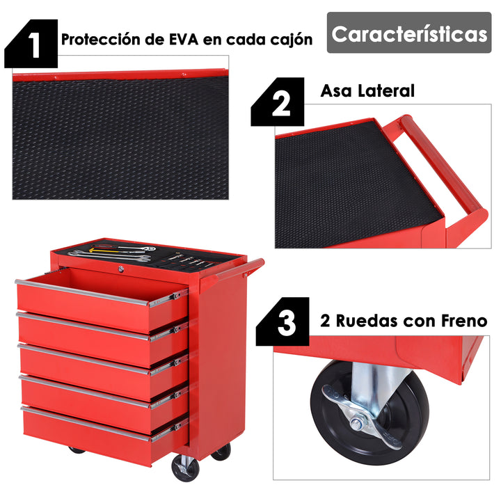 Carrinho de ferramentas com rodas 5 gavetas em chapa de aço 69x33x77.2cm