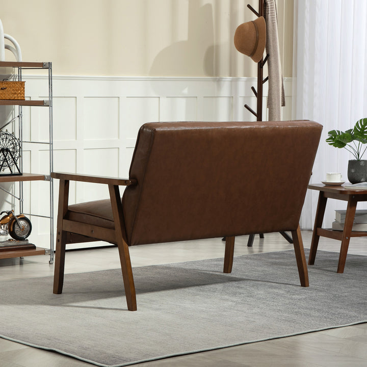 Sofá de 2 Lugares Sofá de 2 Lugares Estofado em Couro PU com Apoio para os Braços de Madeira Encosto Acolchoado Carga 250 kg para Sala de Estar Dormitório 115x70x81 cm Marrom