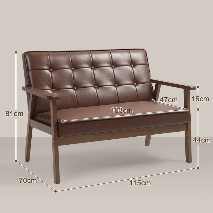 Sofá de 2 Lugares Sofá de 2 Lugares Estofado em Couro PU com Apoio para os Braços de Madeira Encosto Acolchoado Carga 250 kg para Sala de Estar Dormitório 115x70x81 cm Marrom