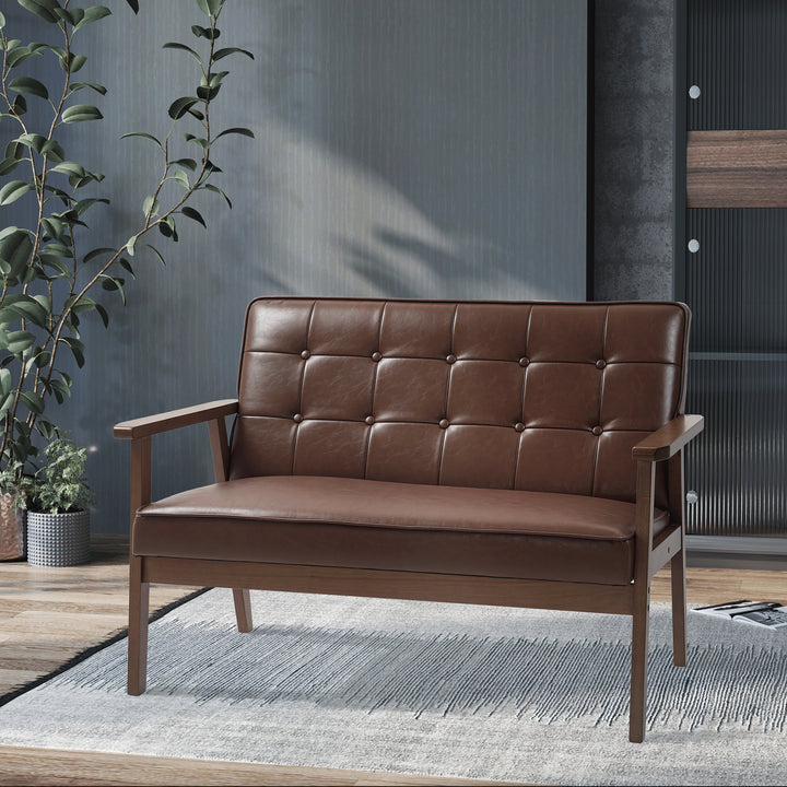 Sofá de 2 Lugares Sofá de 2 Lugares Estofado em Couro PU com Apoio para os Braços de Madeira Encosto Acolchoado Carga 250 kg para Sala de Estar Dormitório 115x70x81 cm Marrom