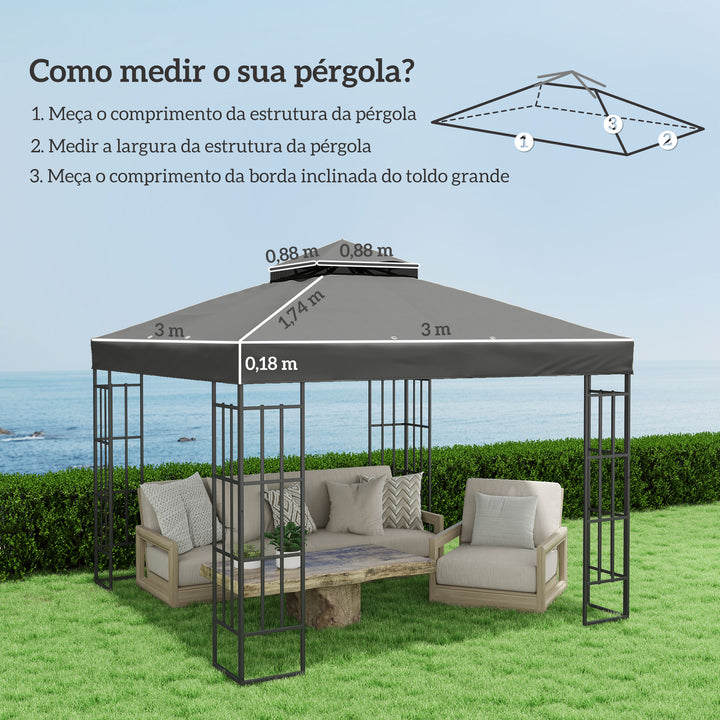 Teto de Substituição para Pérgola, 3x3 m Cobertura de Substituição com Telhado Duplo Orifícios de Escoamento e Proteção UPF30+ APENAS Toldo de Substituição para Tenda Cinza