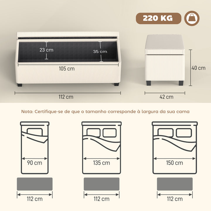 Banco de Arrumação Banco com Armazenamento Capacidade de 84 L 112x42x40 cm Estofado em Veludo Banco Pé de Cama para Dormitório Bege