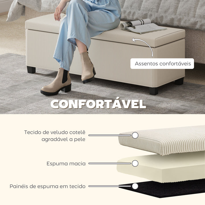 Banco de Arrumação Banco com Armazenamento Capacidade de 84 L 112x42x40 cm Estofado em Veludo Banco Pé de Cama para Dormitório Bege