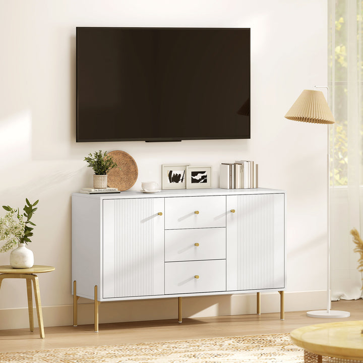 Aparador Moderno de 2 Portas Aparador de Sala de Estar com 3 Gavetas Prateleiras Ajustáveis Bancada com Efeito Mármore Pés em Aço para Cozinha Entrada Quarto 120x39,1x76 cm Branco