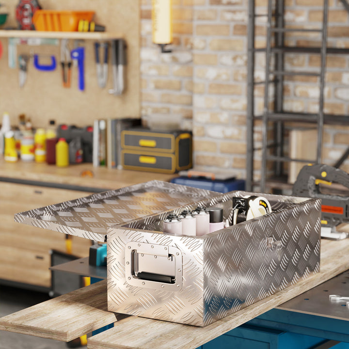 Caixa de Ferramentas em Alumínio com Tampa Abatível Pegas Laterais Grande Compartimento e Fecho com Chave Maleta de Ferramentas Portátil para Armazém e Bagageiro 76x33x25 cm Prata