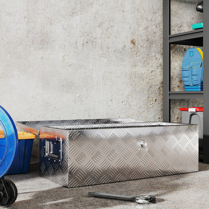 Caixa de Ferramentas em Alumínio com Tampa Abatível Pegas Laterais Grande Compartimento e Fecho com Chave Maleta de Ferramentas Portátil para Armazém e Bagageiro 76x33x25 cm Prata