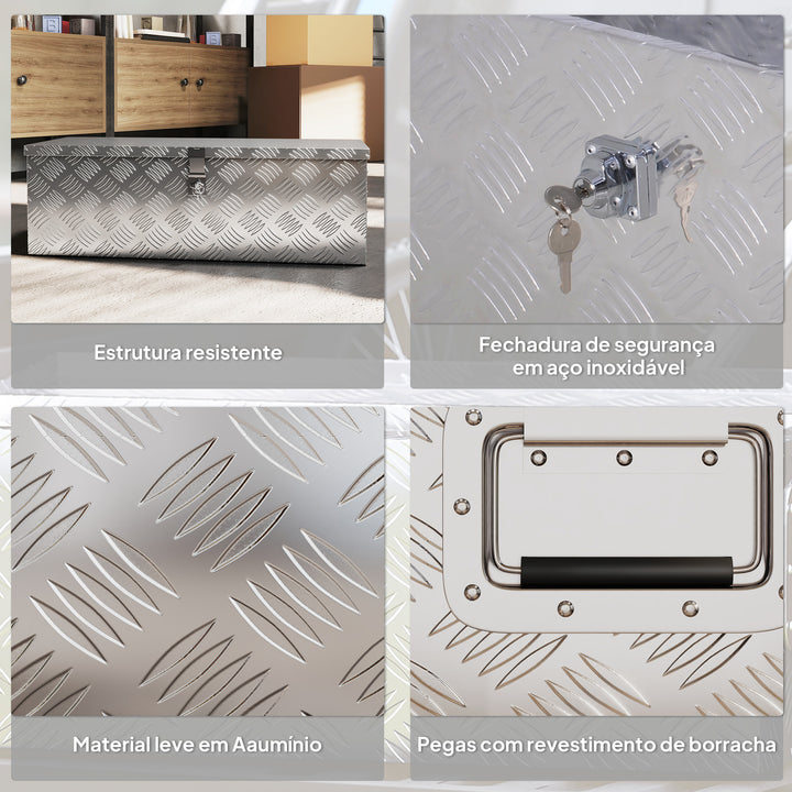 Caixa de Ferramentas em Alumínio com Tampa Abatível Pegas Laterais Grande Compartimento e Fecho com Chave Maleta de Ferramentas Portátil para Armazém e Bagageiro 76x33x25 cm Prata