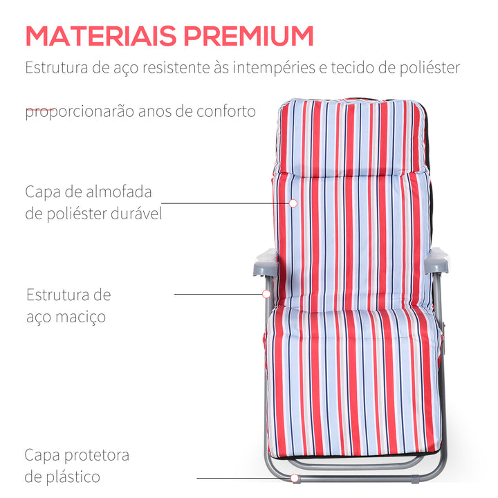 Conjunto de 2 Espreguiçadeiras Dobráveis de Jardim Exterior com Almofada Acolchoada Encosto Ajustável em 5 Posições Apoio para Pés e Estrutura de Aço 60x75x65-102 cm Vermelho e Branco