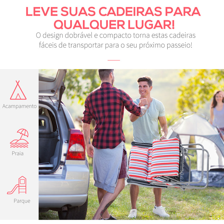 Conjunto de 2 Espreguiçadeiras Dobráveis de Jardim Exterior com Almofada Acolchoada Encosto Ajustável em 5 Posições Apoio para Pés e Estrutura de Aço 60x75x65-102 cm Vermelho e Branco
