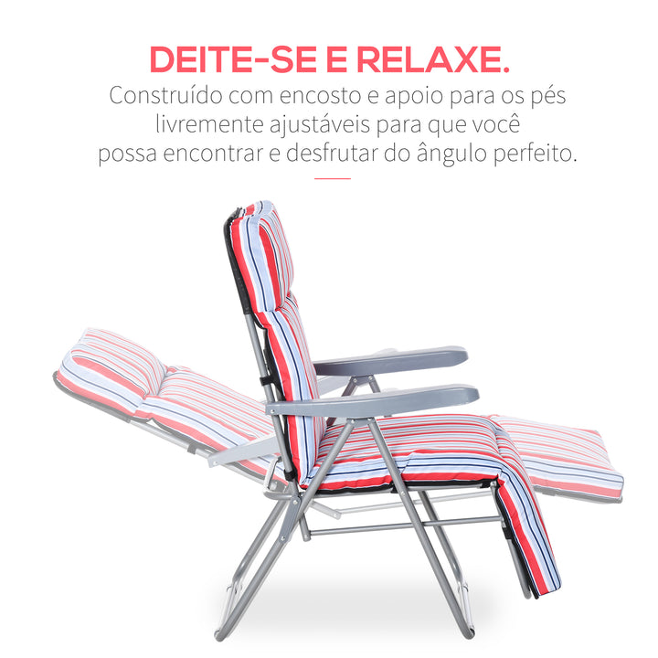 Conjunto de 2 Espreguiçadeiras Dobráveis de Jardim Exterior com Almofada Acolchoada Encosto Ajustável em 5 Posições Apoio para Pés e Estrutura de Aço 60x75x65-102 cm Vermelho e Branco