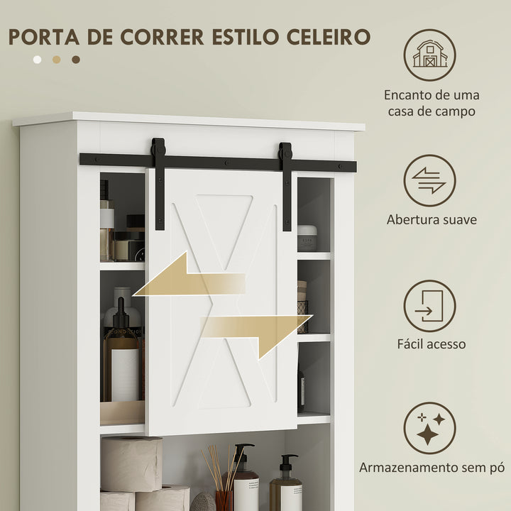 Móvel sobre Sanita Armário sobre Sanita com Porta de Correr Estilo Celeiro e 6 Compartimentos Móvel Casa de Banho Rústico 67x25x172 cm Branco