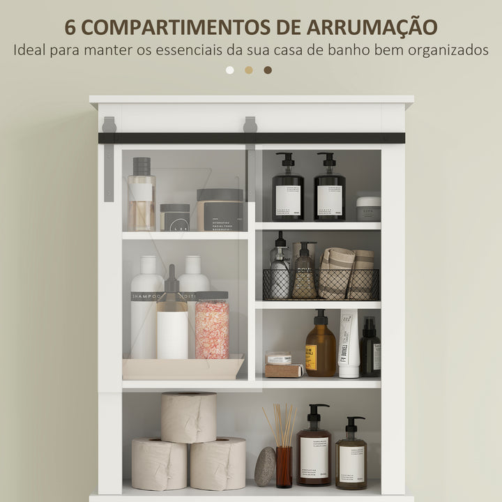 Móvel sobre Sanita Armário sobre Sanita com Porta de Correr Estilo Celeiro e 6 Compartimentos Móvel Casa de Banho Rústico 67x25x172 cm Branco