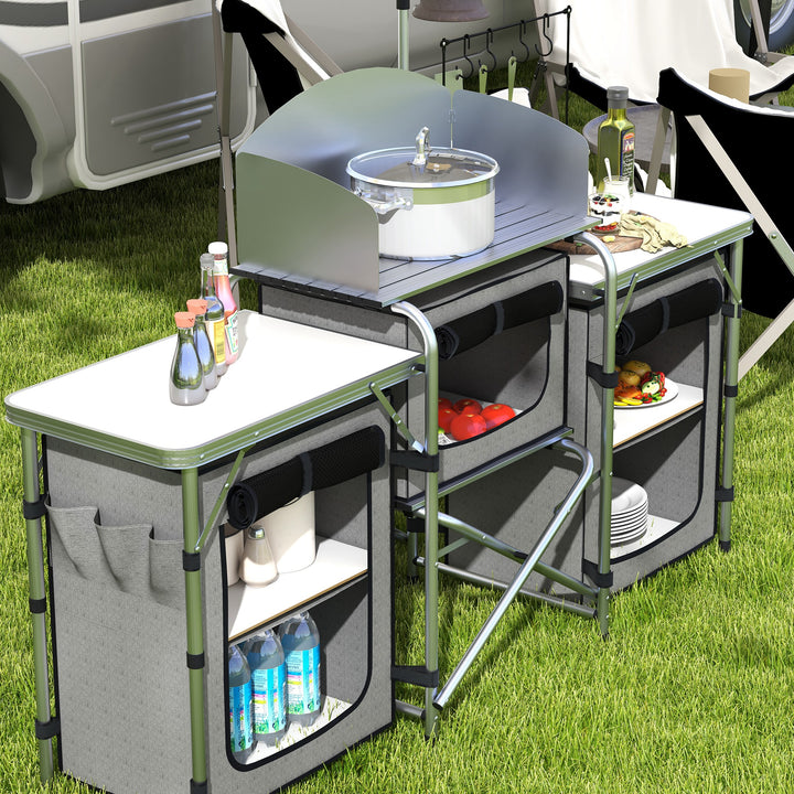 Móvel de Cozinha para Campismo Armário para Campismo Dobrável com 3 Tampos 3 Armários Suporte de Luz 4 Ganchos e Bolsa de Transporte para Campismo Piquenique 172x48x119 cm Cinza
