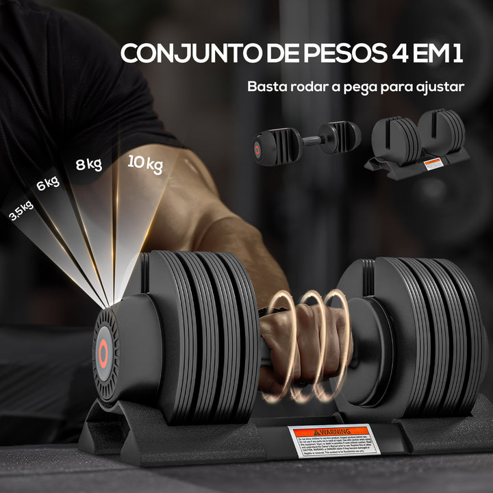 Conjunto de Pesos Ajustável de 10 kg Haltere para Exercício com Ajuste Rápido de Peso com Base de Armazenamento e Pega Antiderrapante para Treino em Casa e Ginásio 33xØ16 cm Preto